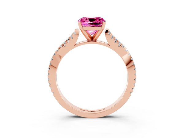 Rose gold Cushion Cut Pink Sapphire Solitaire Engagement Ring with Twisted Pavé Band and Four-Prong Setting