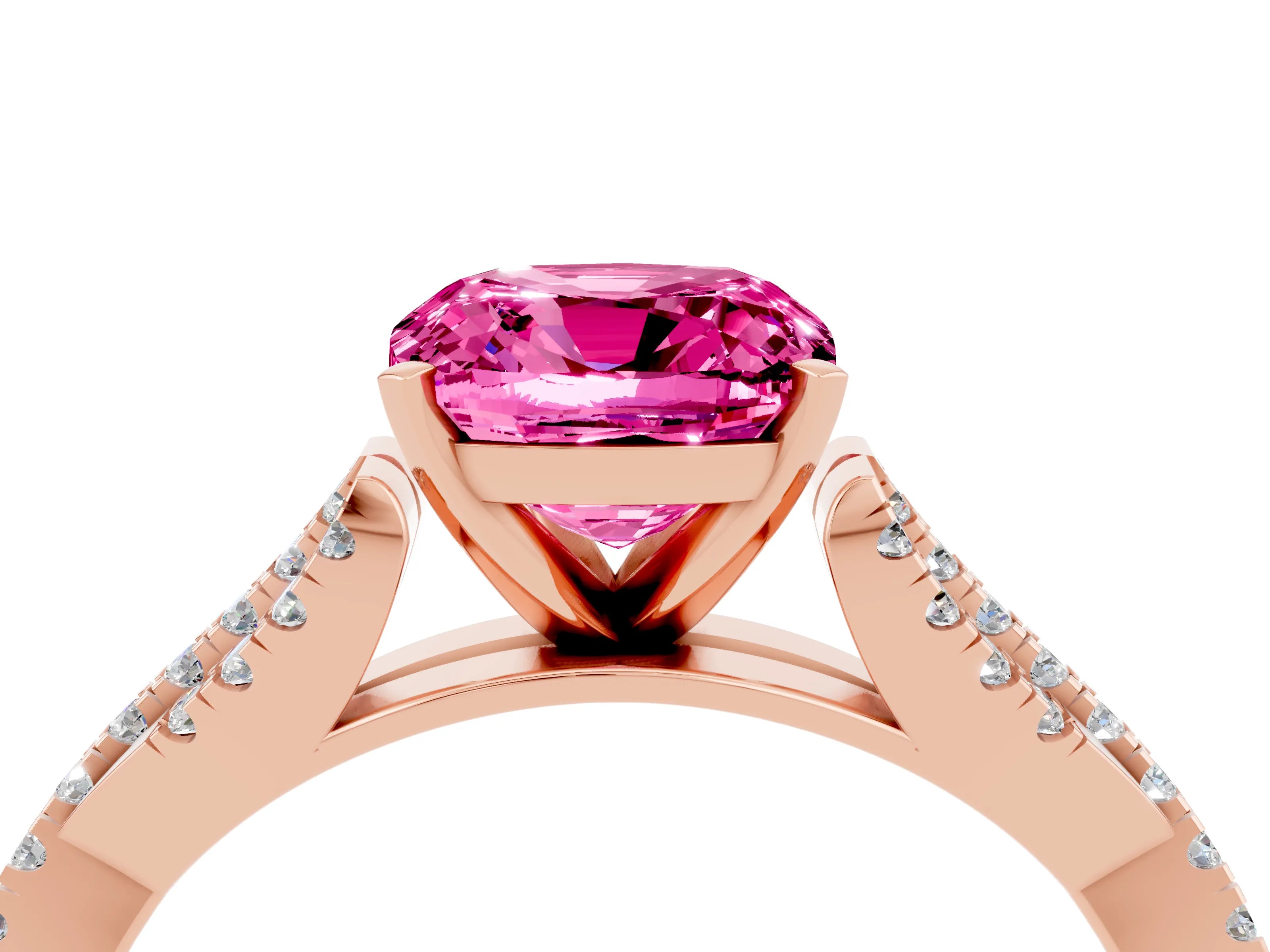 Rose gold Cushion Cut Pink Sapphire Solitaire Engagement Ring with Twisted Pavé Band and Four-Prong Setting_28