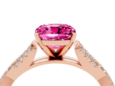 Rose gold Cushion Cut Pink Sapphire Solitaire Engagement Ring with Twisted Pavé Band and Four-Prong Setting_28
