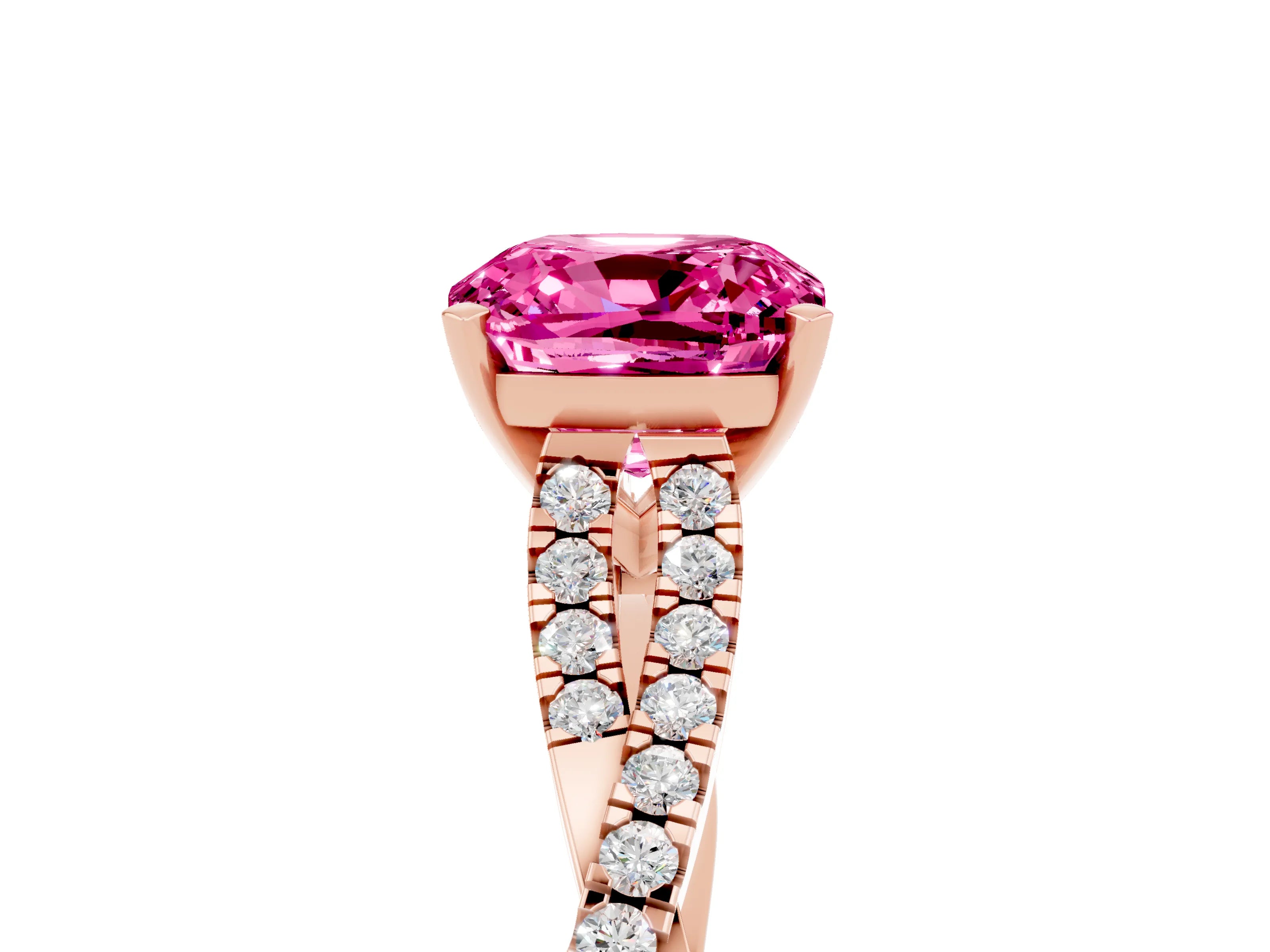 Rose gold Cushion Cut Pink Sapphire Solitaire Engagement Ring with Twisted Pavé Band and Four-Prong Setting_29