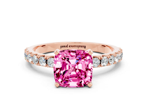 Rose gold Cushion Cut Pink Sapphire Solitaire Pavé Band with Four-Prong Setting_24