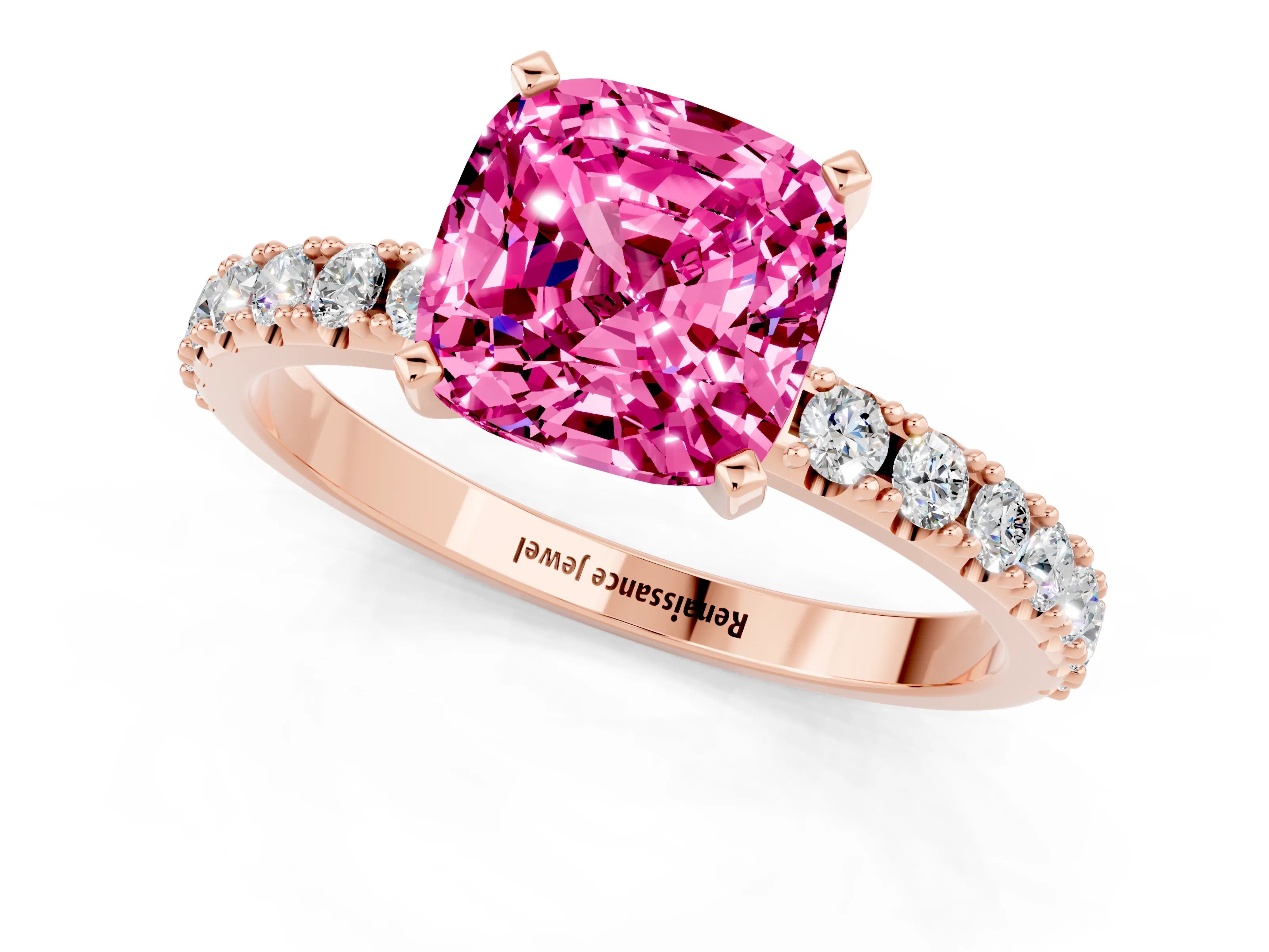 Rose gold Cushion Cut Pink Sapphire Solitaire Pavé Band with Four-Prong Setting_25