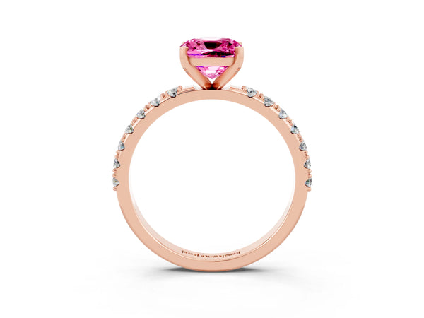 Rose gold Cushion Cut Pink Sapphire Solitaire Pavé Band with Four-Prong Setting
