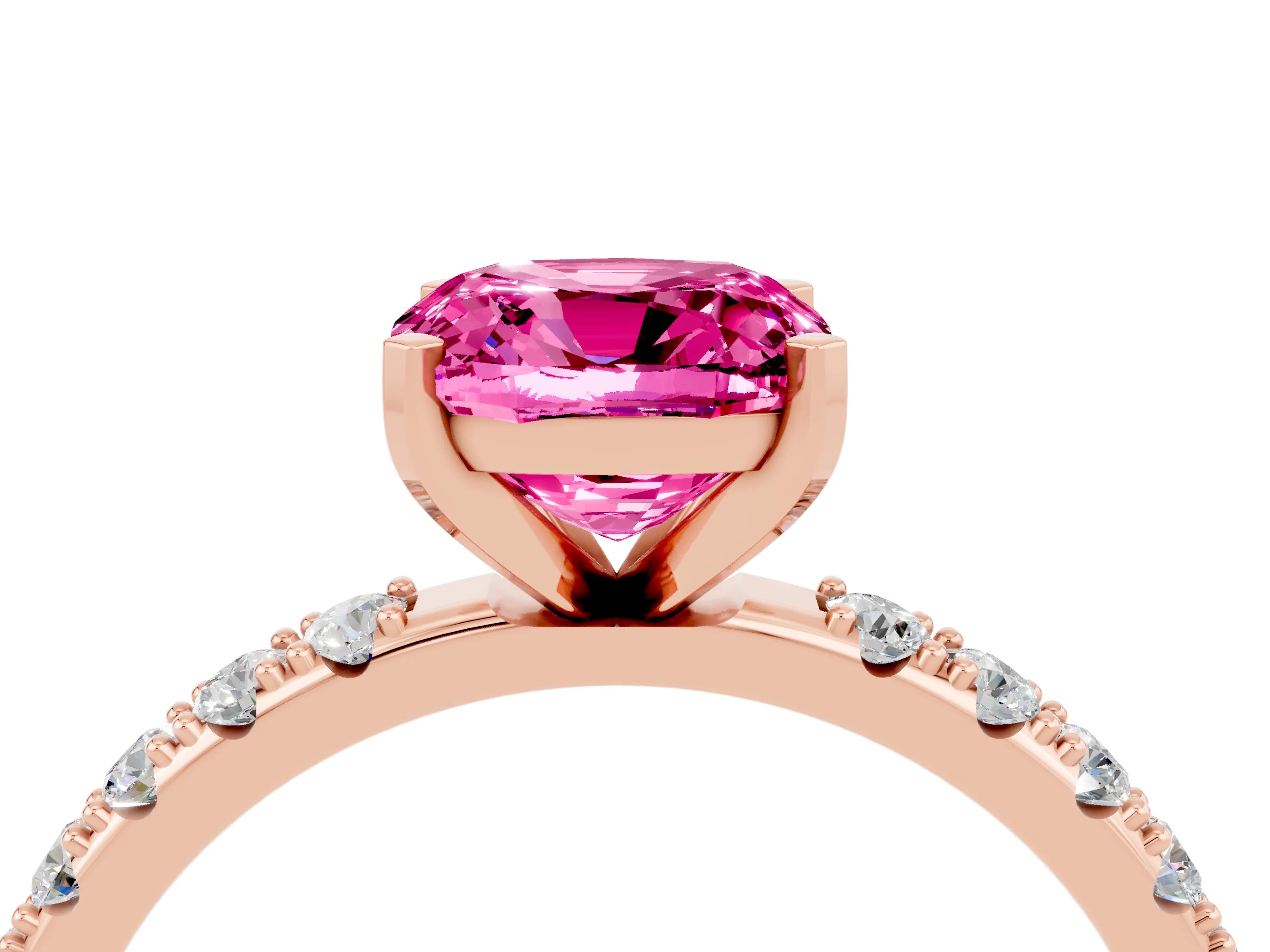 Rose gold Cushion Cut Pink Sapphire Solitaire Pavé Band with Four-Prong Setting_28