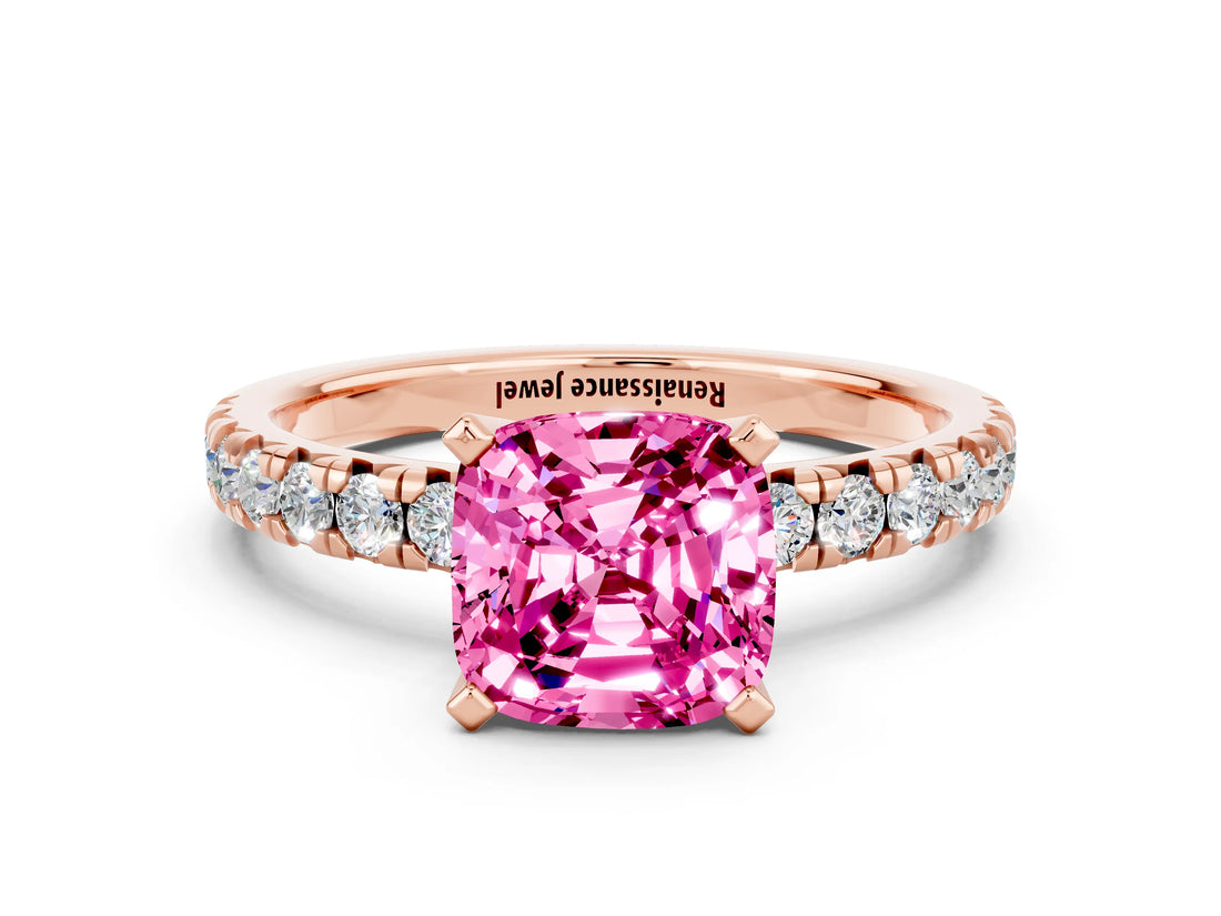 Rose gold Cushion Cut Pink Sapphire Solitaire Pavé Engagement Ring with Round Band and Prong Setting_84