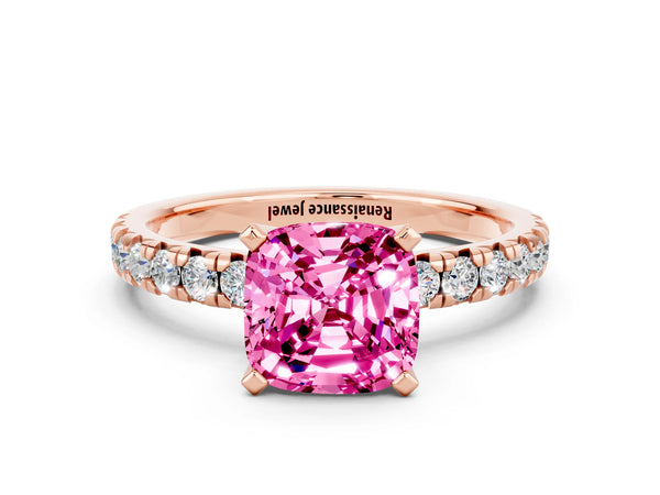 Rose gold Cushion Cut Pink Sapphire Solitaire Pavé Engagement Ring with Round Band and Prong Setting