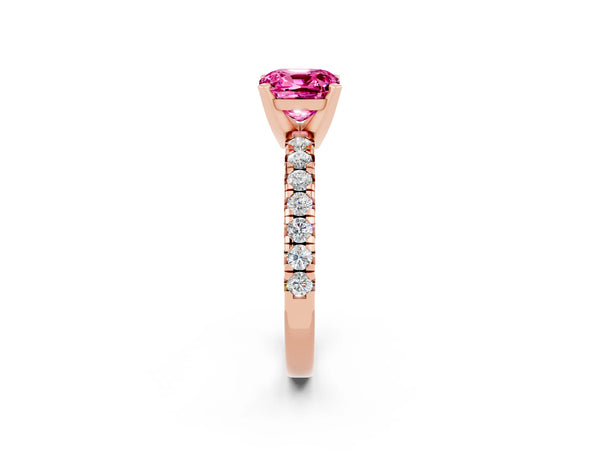 Rose gold Cushion Cut Pink Sapphire Solitaire Pavé Engagement Ring with Round Band and Prong Setting