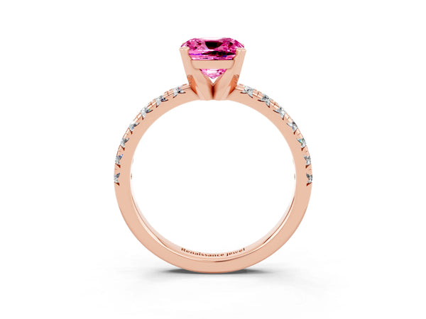 Rose gold Cushion Cut Pink Sapphire Solitaire Pavé Engagement Ring with Round Band and Prong Setting