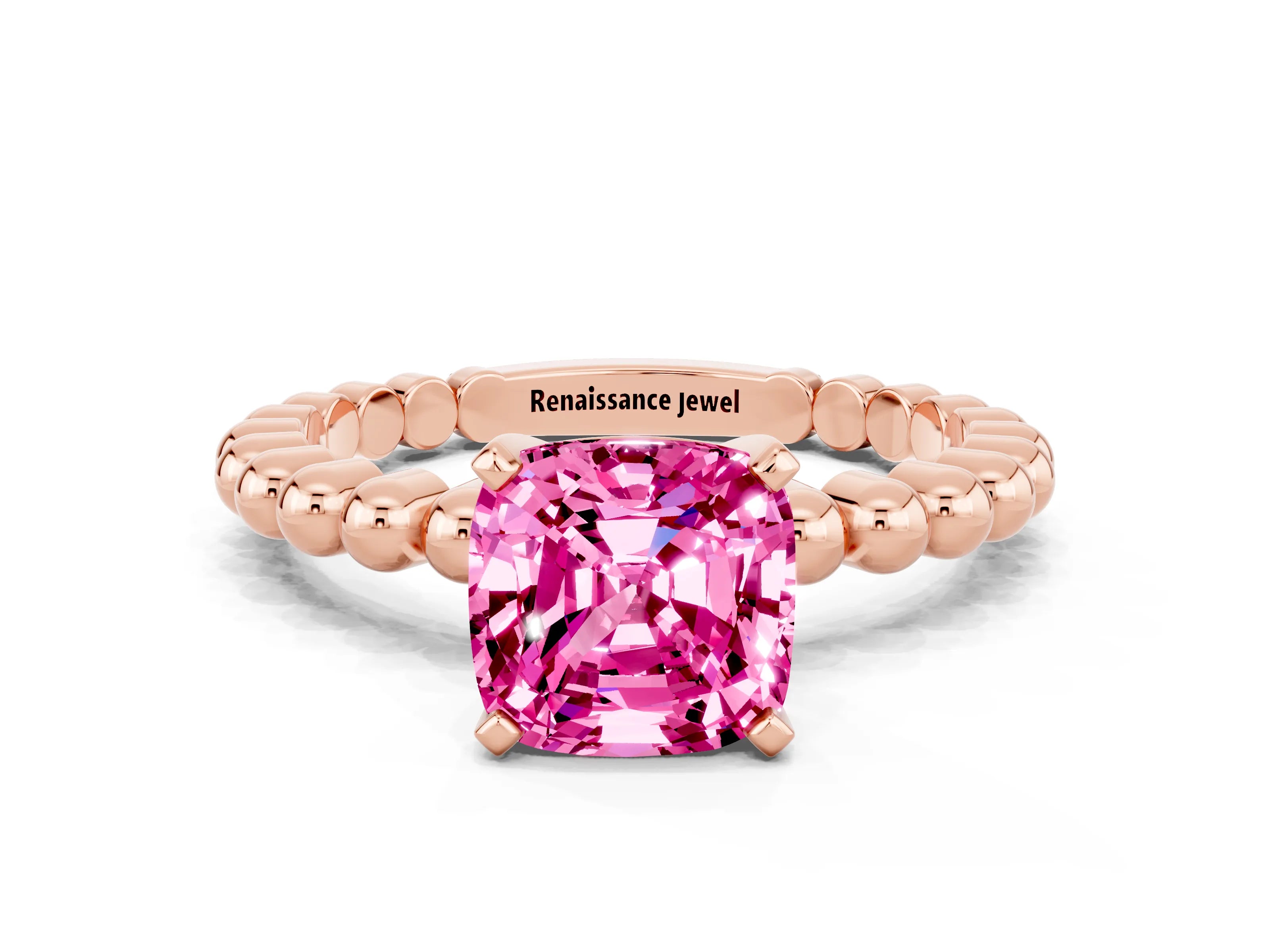 Rose gold Cushion Cut Pink Sapphire Solitaire Ring with Beaded Band and Prong Setting