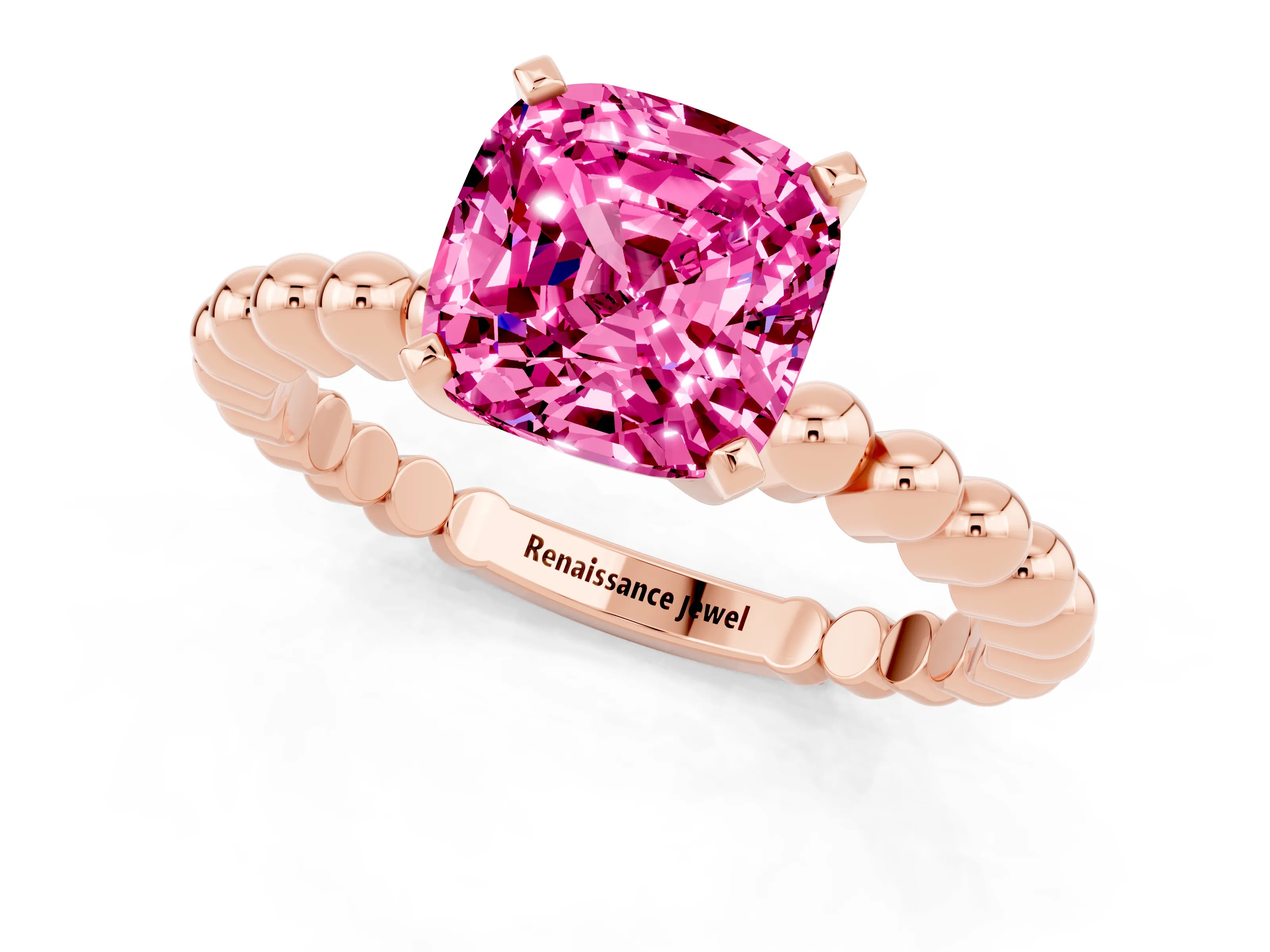 Rose gold Cushion Cut Pink Sapphire Solitaire Ring with Beaded Band and Prong Setting_1