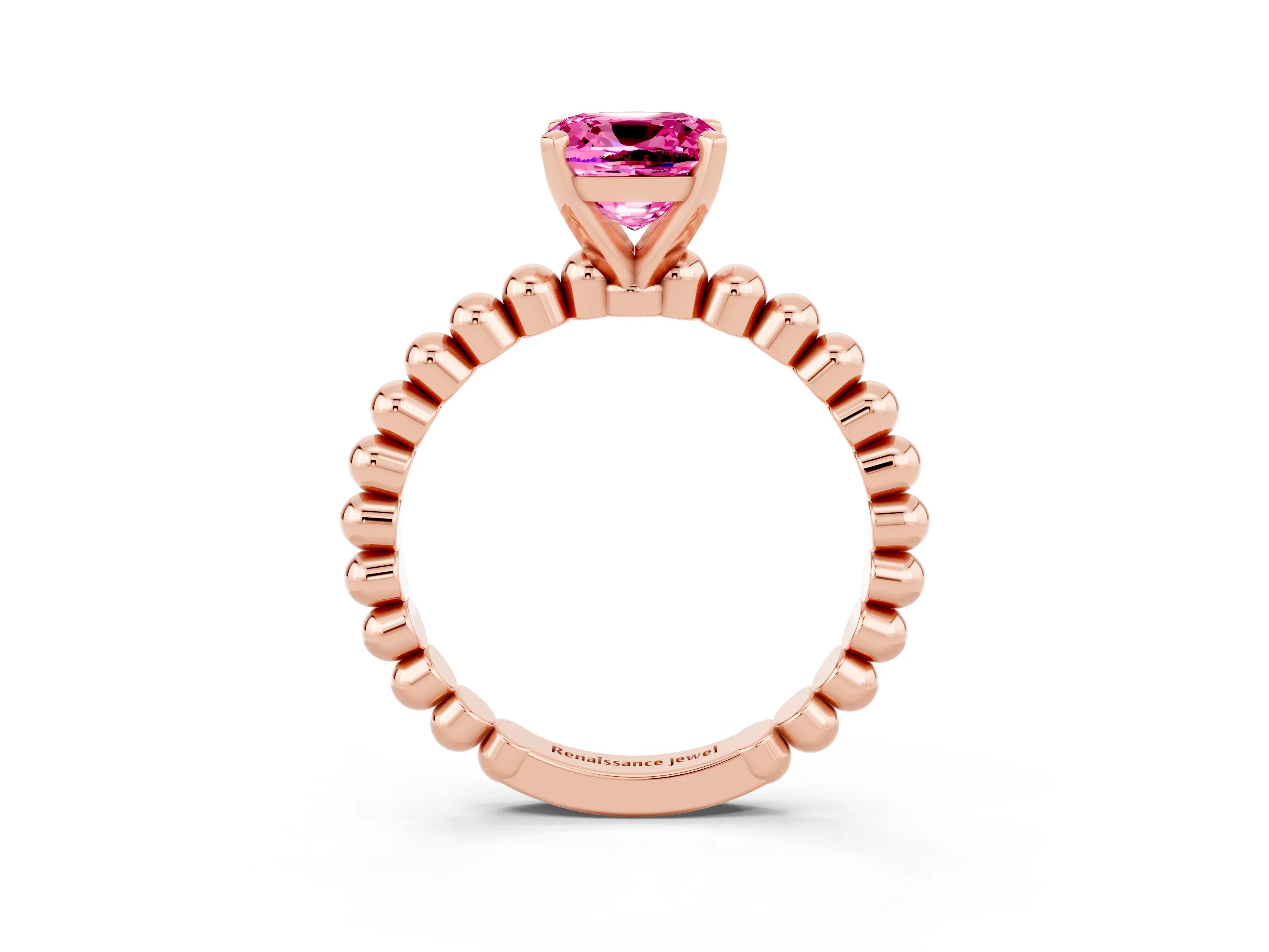 Rose gold Cushion Cut Pink Sapphire Solitaire Ring with Beaded Band and Prong Setting_3