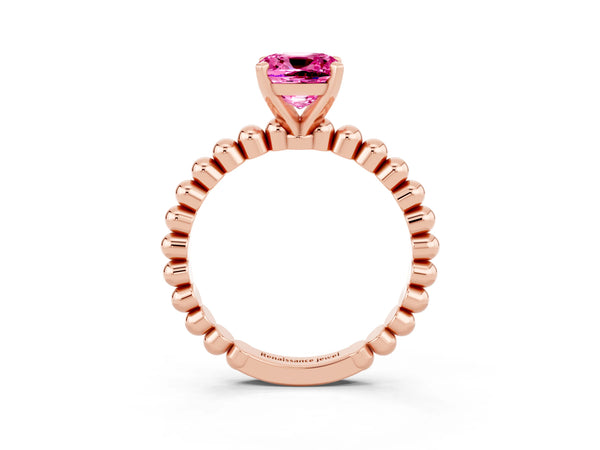 Rose gold Cushion Cut Pink Sapphire Solitaire Ring with Beaded Band and Prong Setting