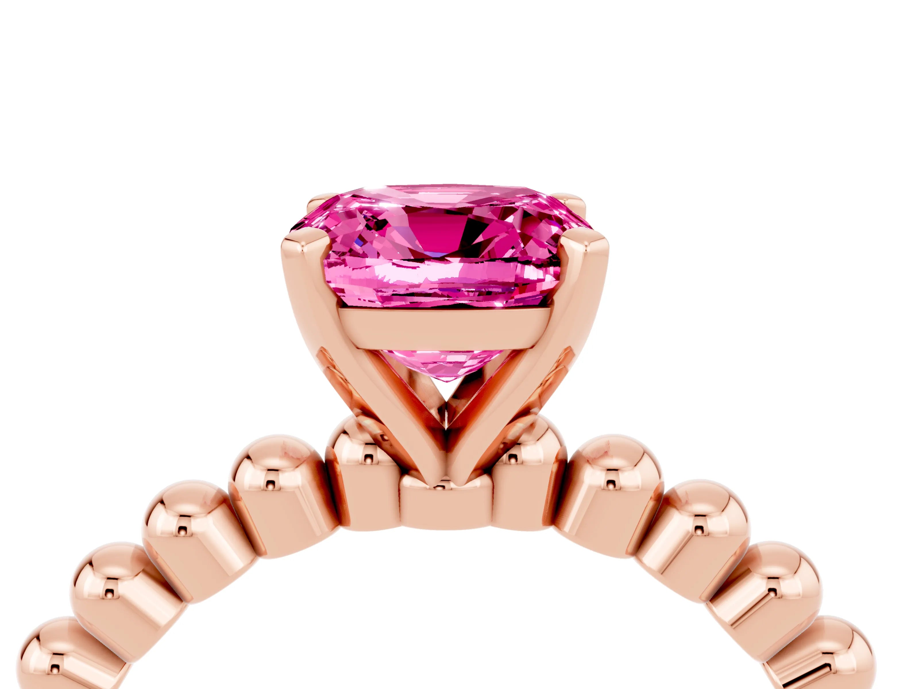 Rose gold Cushion Cut Pink Sapphire Solitaire Ring with Beaded Band and Prong Setting_4