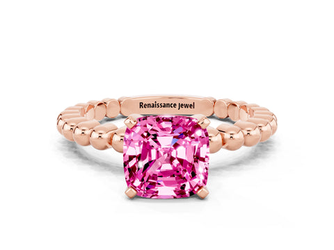 Rose gold Cushion Cut Pink Sapphire Solitaire Ring with Beaded Band and Prong Setting