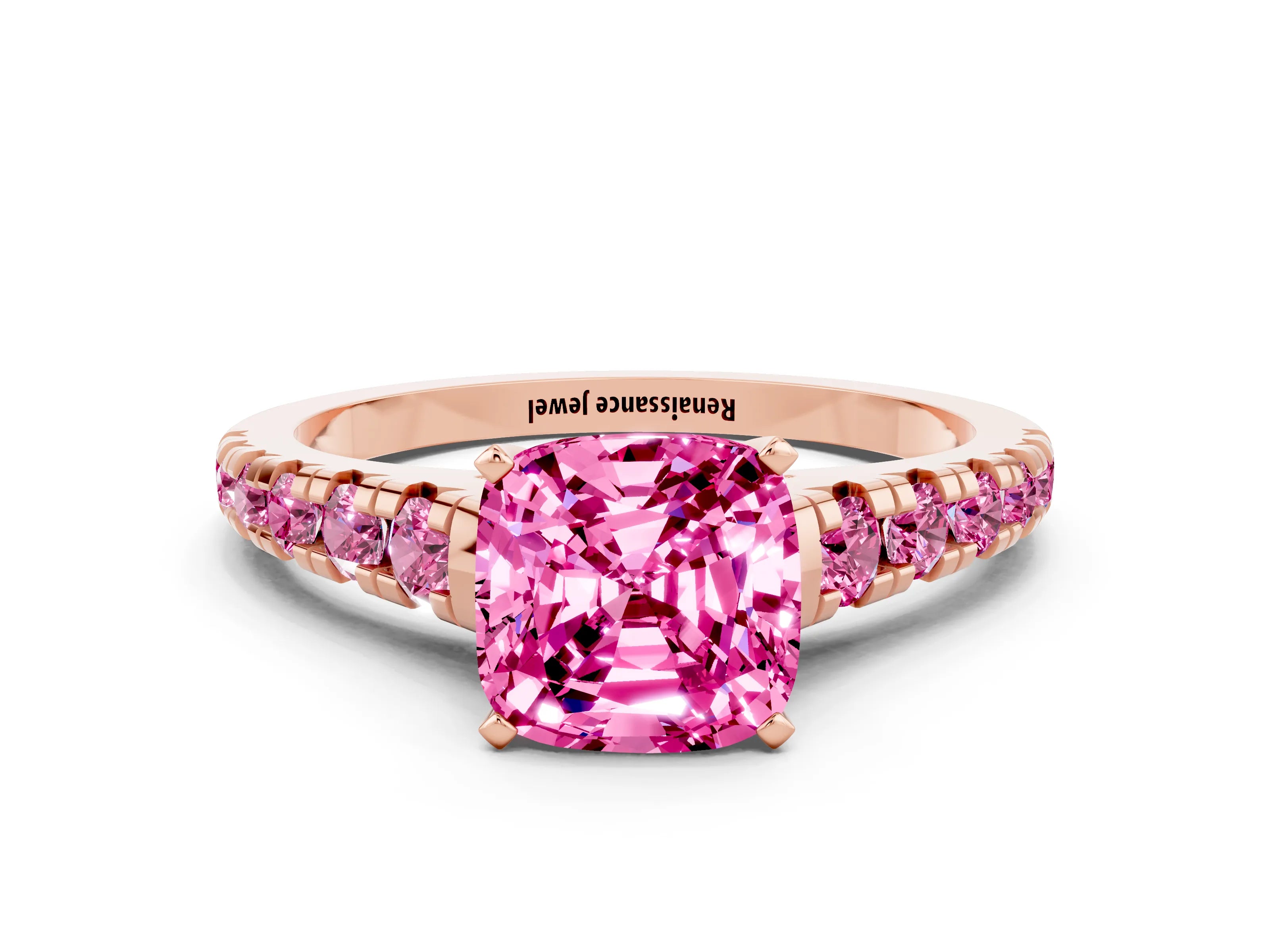 Rose gold Cushion Cut Pink Sapphire Solitaire Ring with Cathedral Setting and Pavé Band