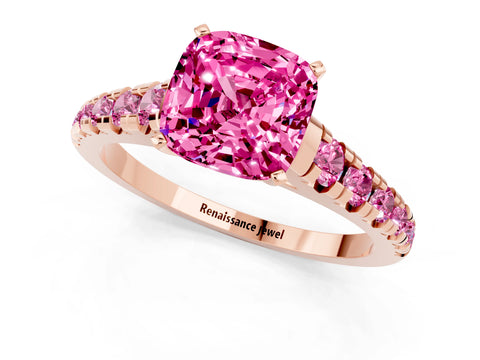 Rose gold Cushion Cut Pink Sapphire Solitaire Ring with Cathedral Setting and Pavé Band_1