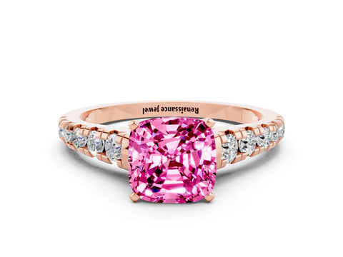 Rose gold Cushion Cut Pink Sapphire Solitaire Ring with Cathedral Setting and Pavé Band_24