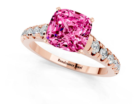 Rose gold Cushion Cut Pink Sapphire Solitaire Ring with Cathedral Setting and Pavé Band_25