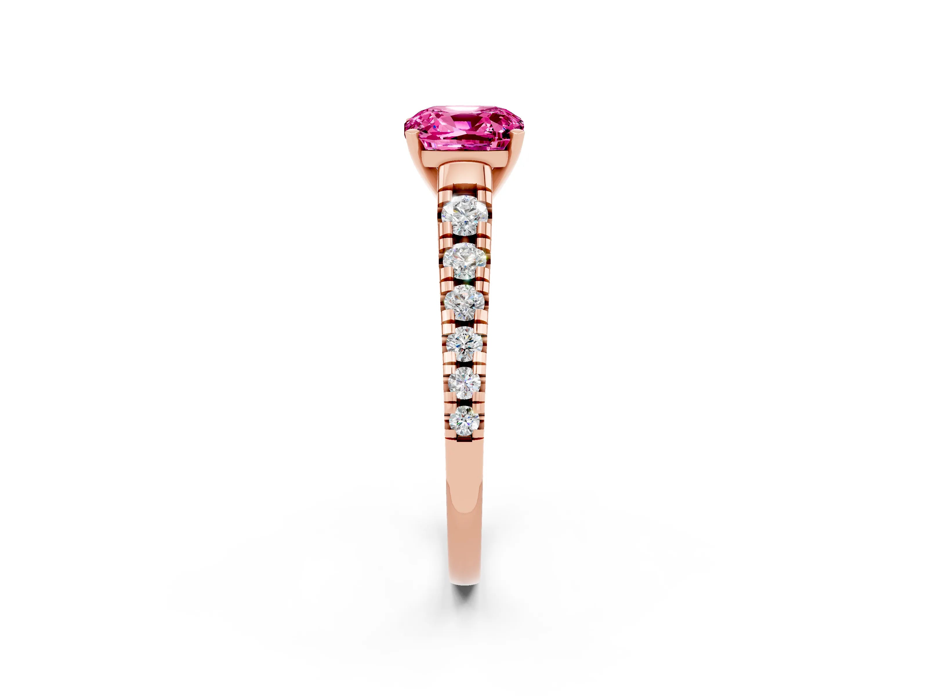 Rose gold Cushion Cut Pink Sapphire Solitaire Ring with Cathedral Setting and Pavé Band_26