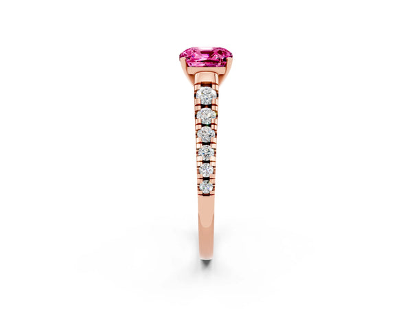 Rose gold Cushion Cut Pink Sapphire Cathedral Solitaire Ring with Round  Pavé Band