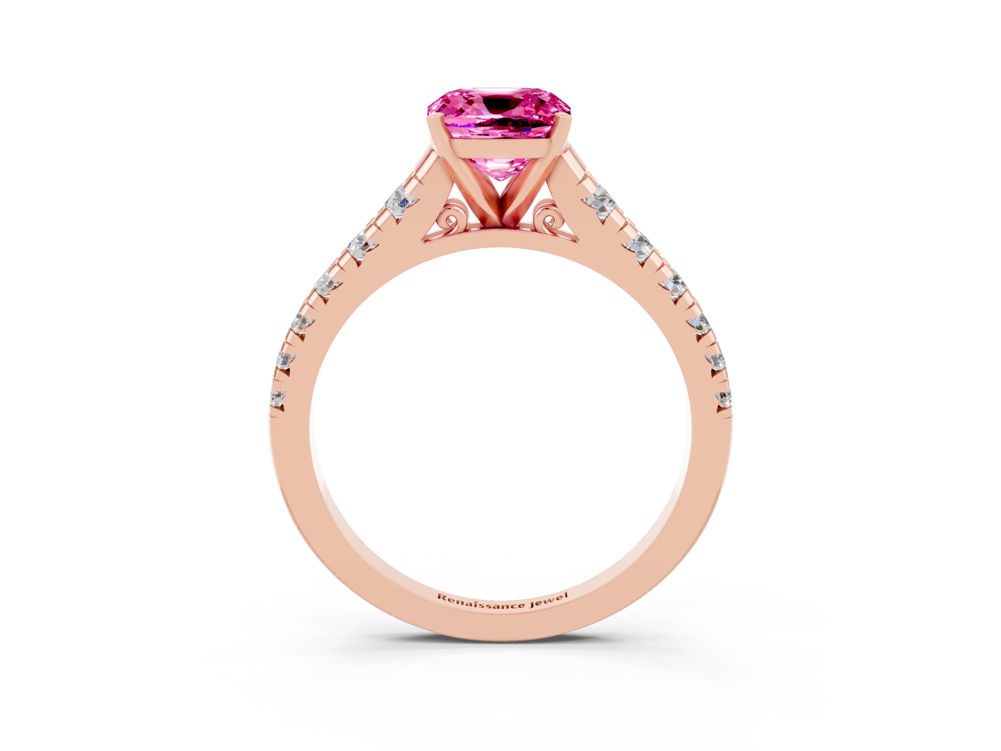 Rose gold Cushion Cut Pink Sapphire Solitaire Ring with Cathedral Setting and Pavé Band_27