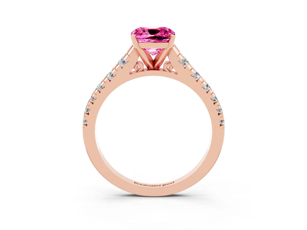 Rose gold Cushion Cut Pink Sapphire Cathedral Solitaire Ring with Round  Pavé Band
