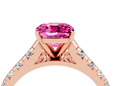Rose gold Cushion Cut Pink Sapphire Solitaire Ring with Cathedral Setting and Pavé Band_28