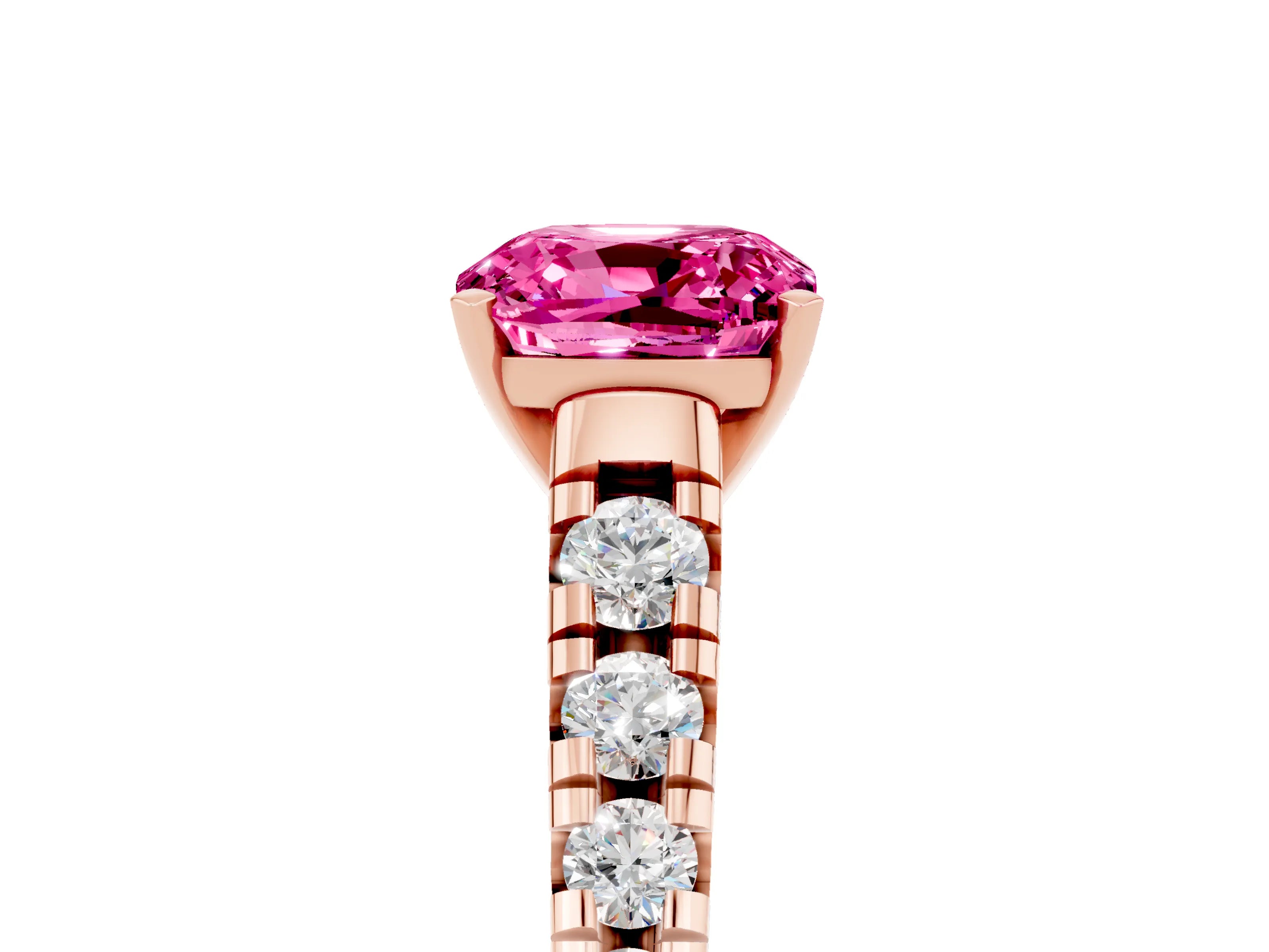Rose gold Cushion Cut Pink Sapphire Solitaire Ring with Cathedral Setting and Pavé Band_29