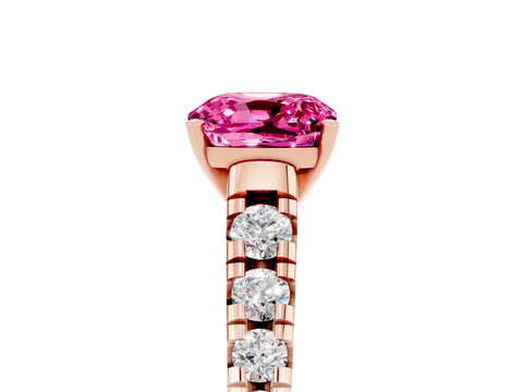 Rose gold Cushion Cut Pink Sapphire Solitaire Ring with Cathedral Setting and Pavé Band_29