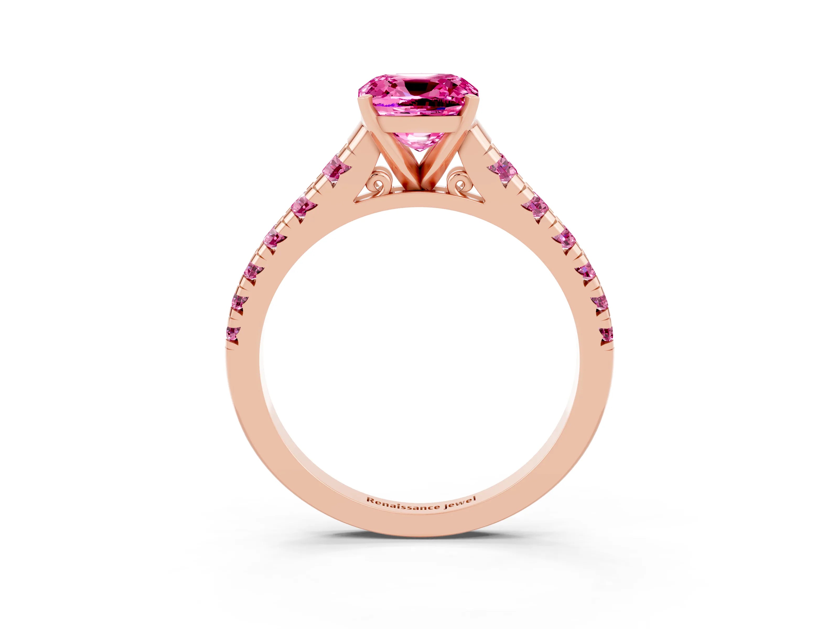 Rose gold Cushion Cut Pink Sapphire Solitaire Ring with Cathedral Setting and Pavé Band_3