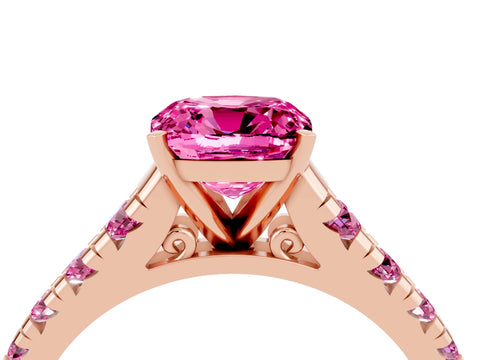 Rose gold Cushion Cut Pink Sapphire Solitaire Ring with Cathedral Setting and Pavé Band_4