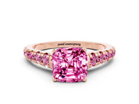 Rose gold Cushion Cut Pink Sapphire Solitaire Ring with Cathedral Setting and Pavé Band