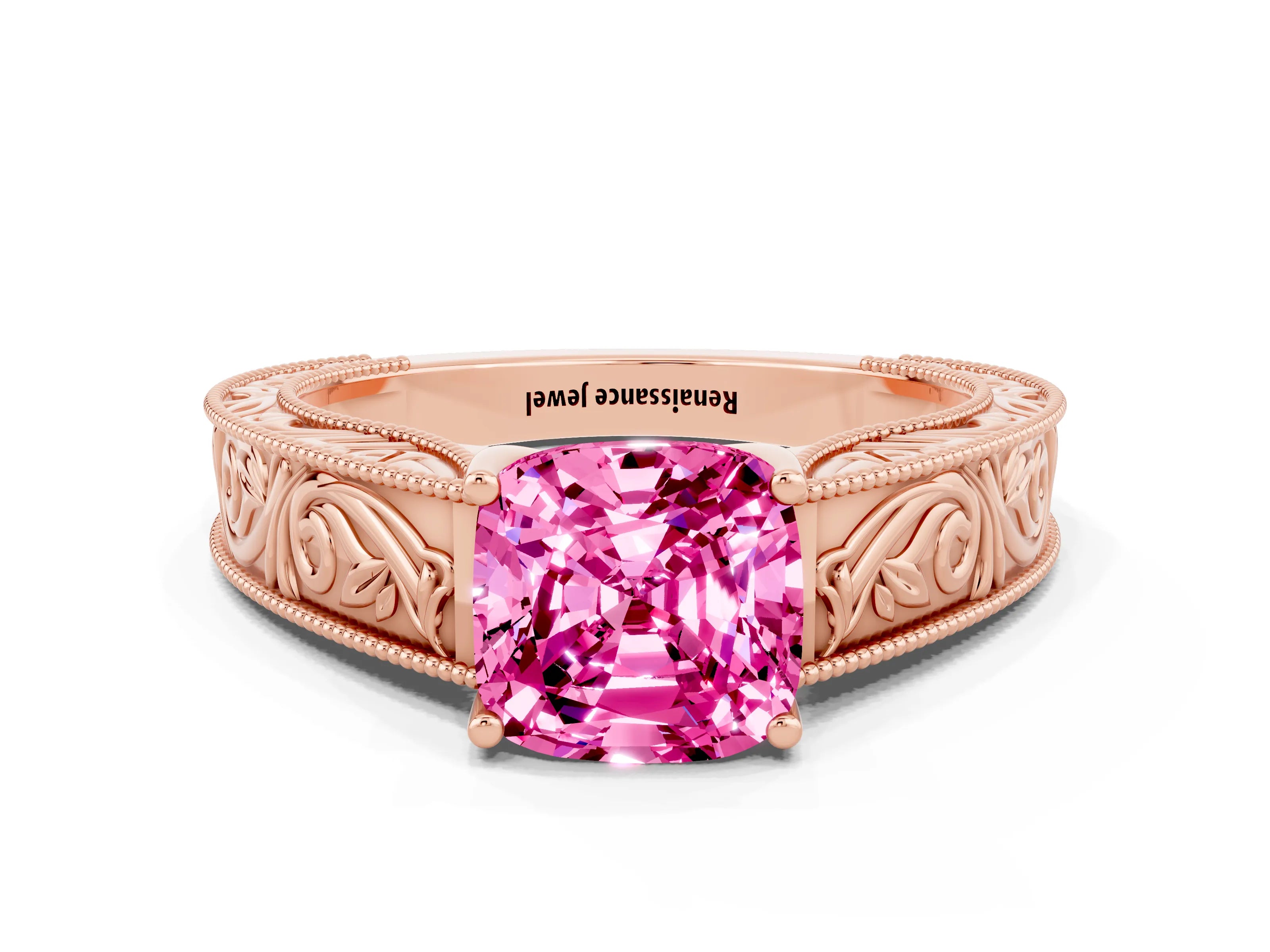 Rose gold Cushion Cut Pink Sapphire Solitaire Ring with Engraved Band and Four-Prong Setting