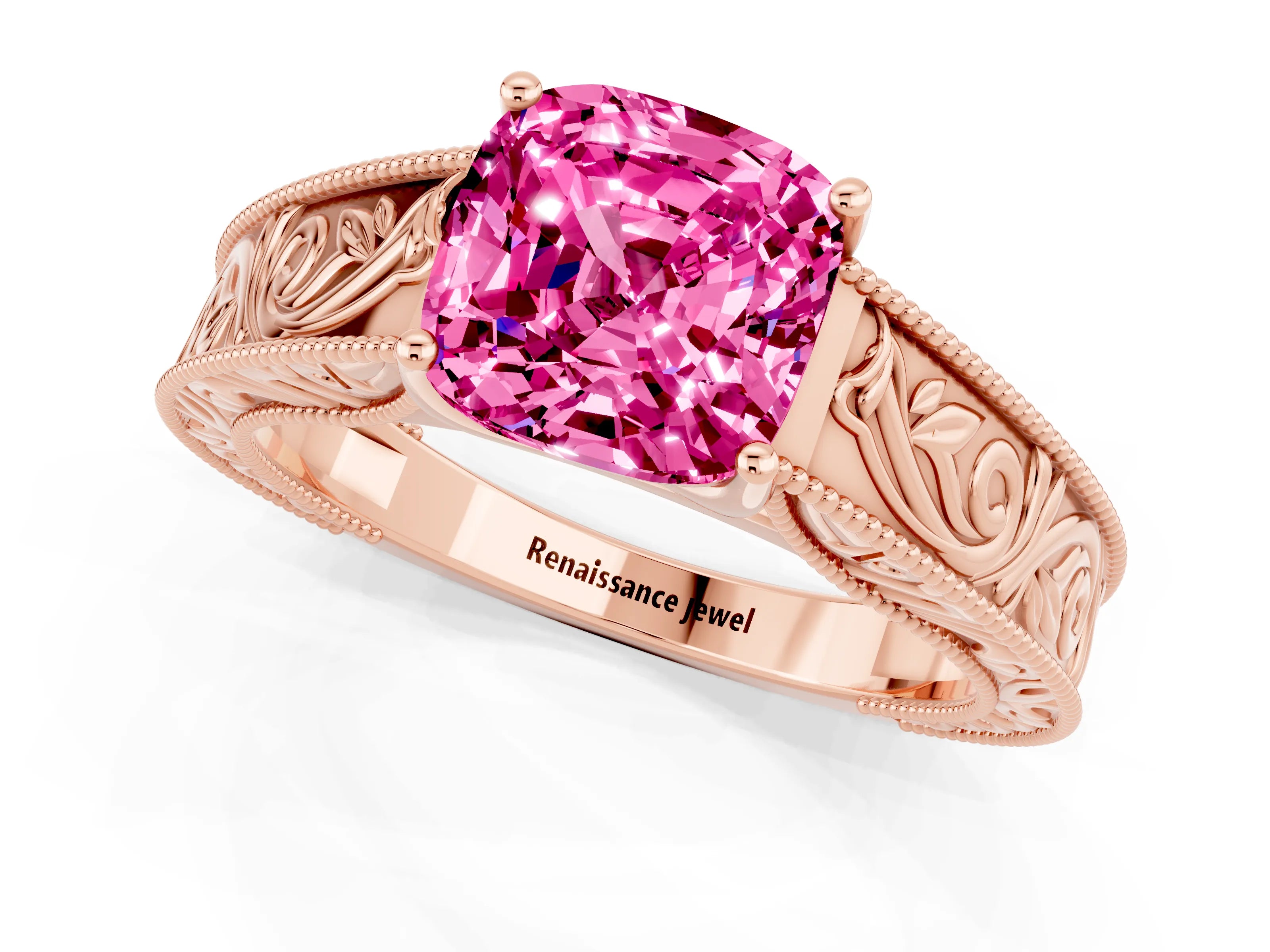 Rose gold Cushion Cut Pink Sapphire Solitaire Ring with Engraved Band and Four-Prong Setting_1