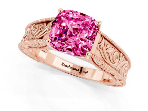 Rose gold Cushion Cut Pink Sapphire Solitaire Ring with Engraved Band and Four-Prong Setting_1