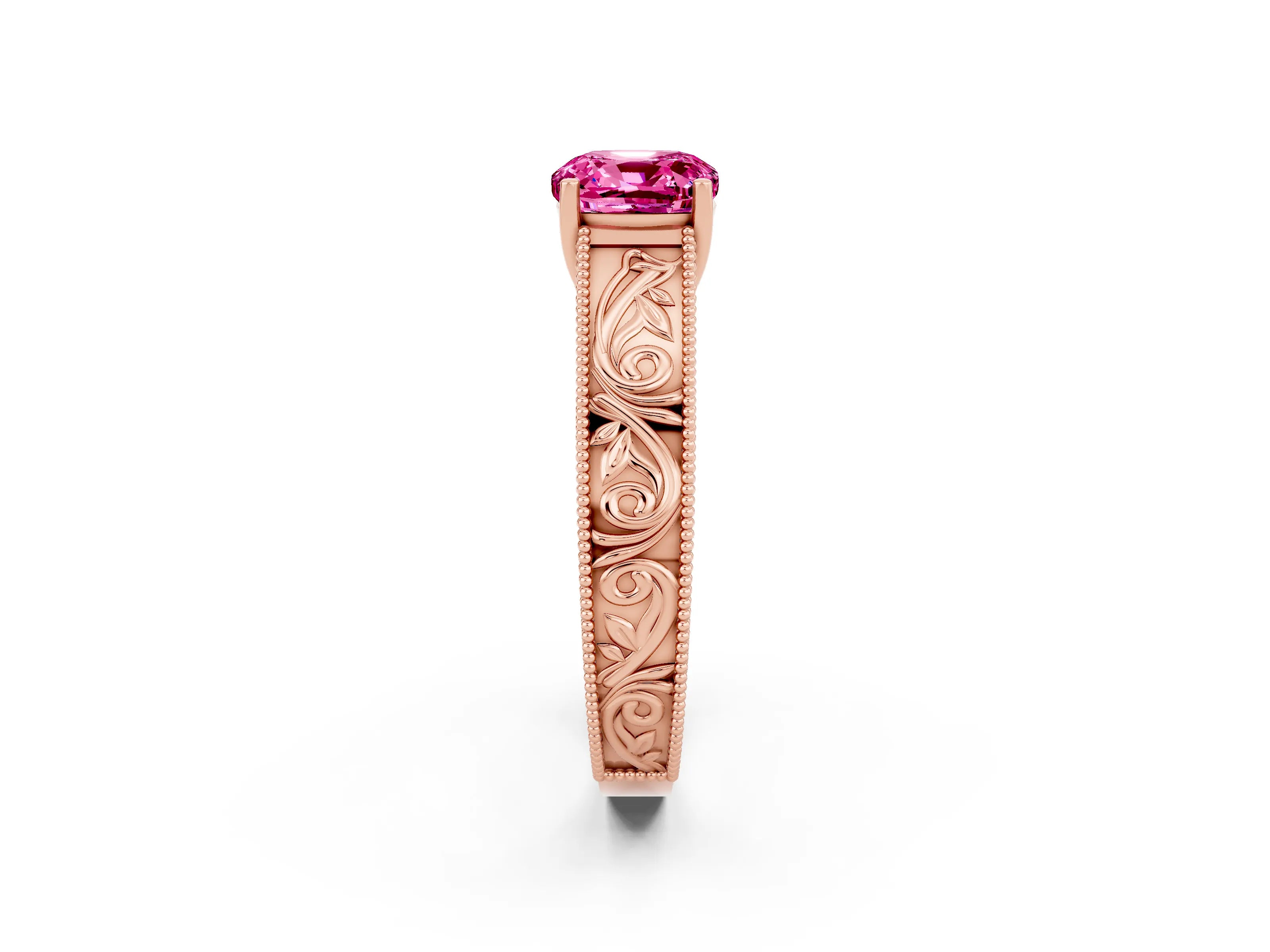 Rose gold Cushion Cut Pink Sapphire Solitaire Ring with Engraved Band and Four-Prong Setting_2