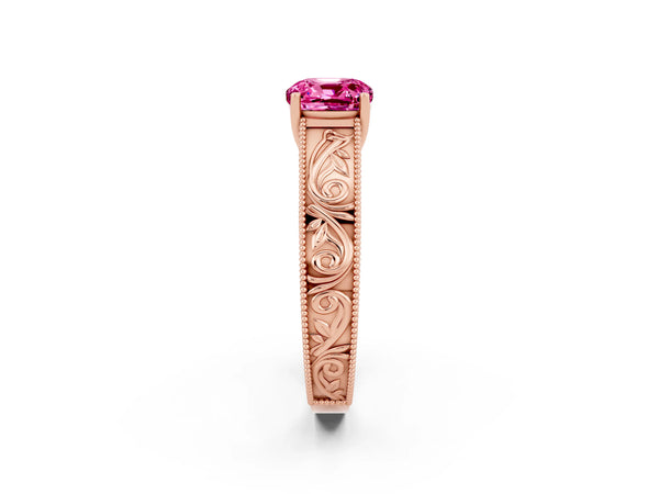 Rose gold Cushion Cut Pink Sapphire Solitaire Ring with Engraved Band and Four-Prong Setting