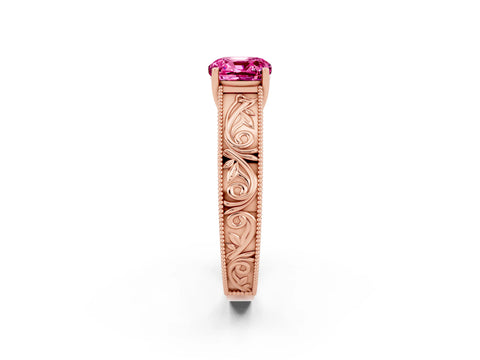 Rose gold Cushion Cut Pink Sapphire Solitaire Ring with Engraved Band and Four-Prong Setting_2