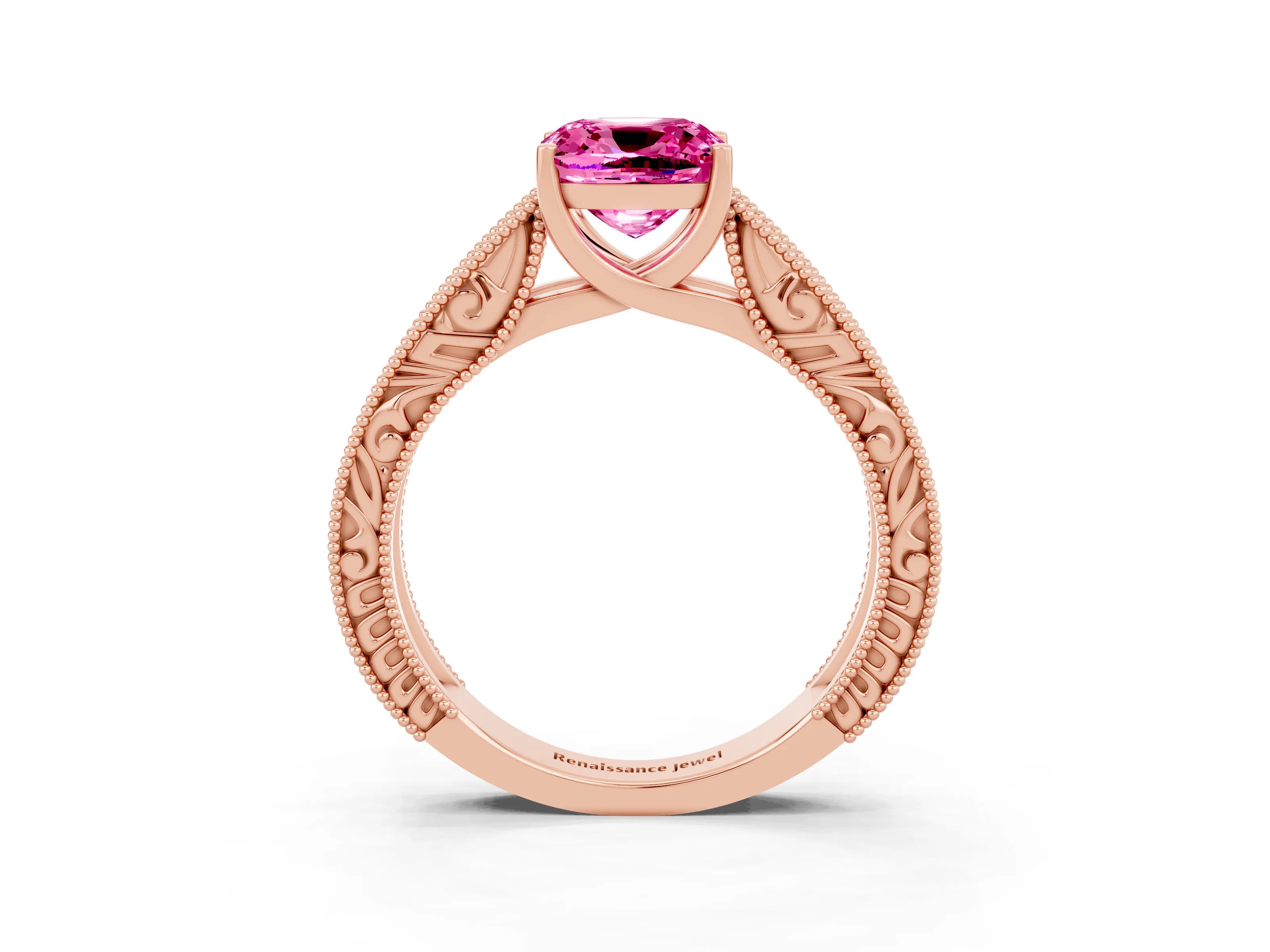 Rose gold Cushion Cut Pink Sapphire Solitaire Ring with Engraved Band and Four-Prong Setting_3