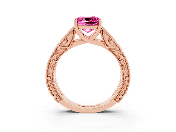 Rose gold Cushion Cut Pink Sapphire Solitaire Ring with Engraved Band and Four-Prong Setting