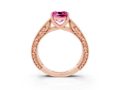Rose gold Cushion Cut Pink Sapphire Solitaire Ring with Engraved Band and Four-Prong Setting_3