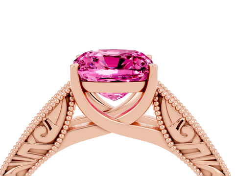 Rose gold Cushion Cut Pink Sapphire Solitaire Ring with Engraved Band and Four-Prong Setting_4