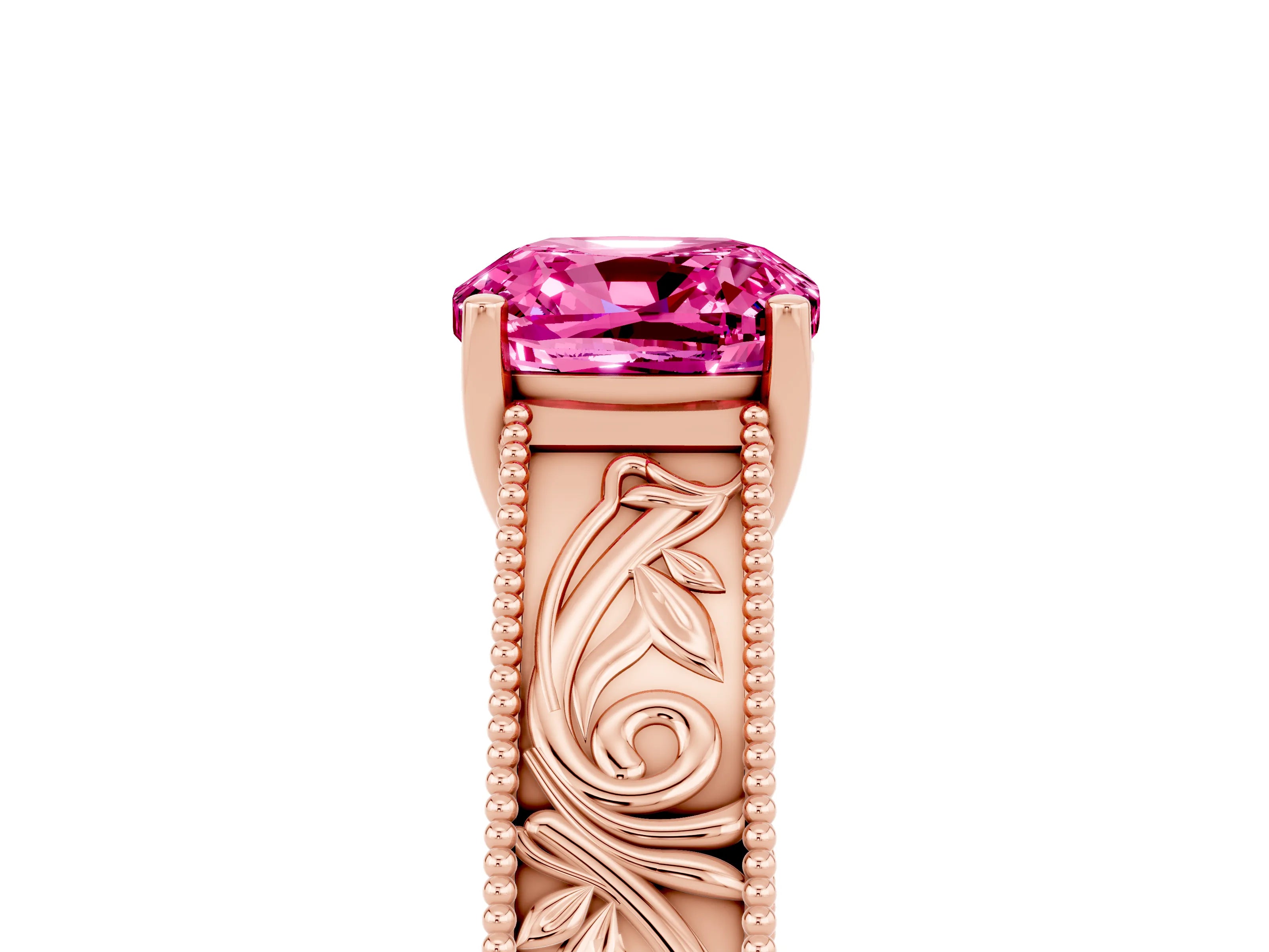 Rose gold Cushion Cut Pink Sapphire Solitaire Ring with Engraved Band and Four-Prong Setting_5