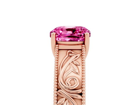 Rose gold Cushion Cut Pink Sapphire Solitaire Ring with Engraved Band and Four-Prong Setting_5