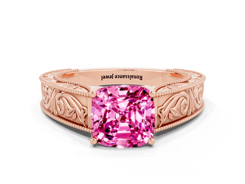 Rose gold Cushion Cut Pink Sapphire Solitaire Ring with Engraved Band and Four-Prong Setting