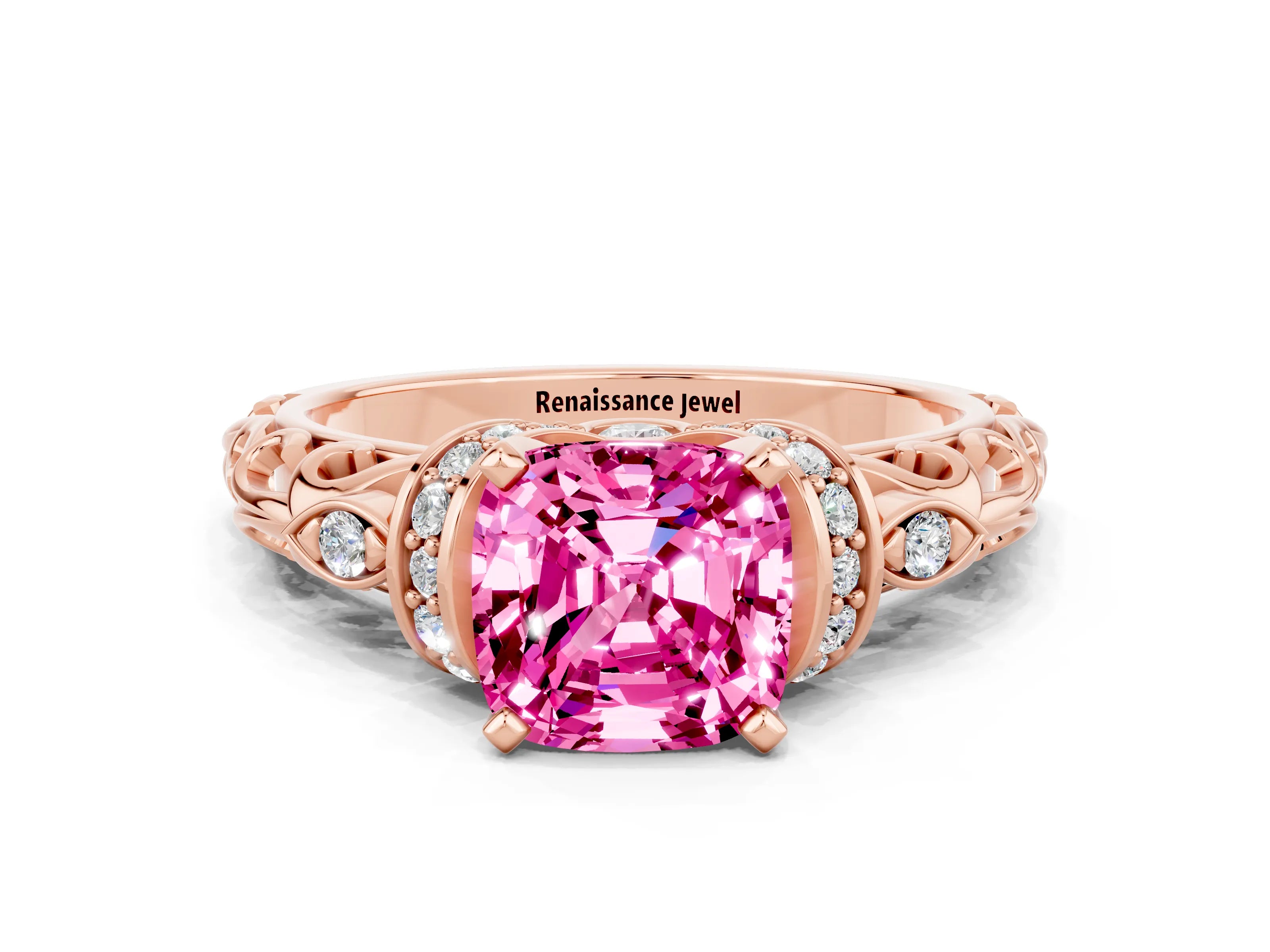 Rose gold Cushion Cut Pink Sapphire Solitaire Ring with Filigree Band and Four-Prong Setting_48