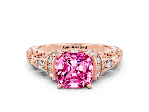 Rose gold Cushion Cut Pink Sapphire Solitaire Ring with Filigree Band and Four-Prong Setting_48