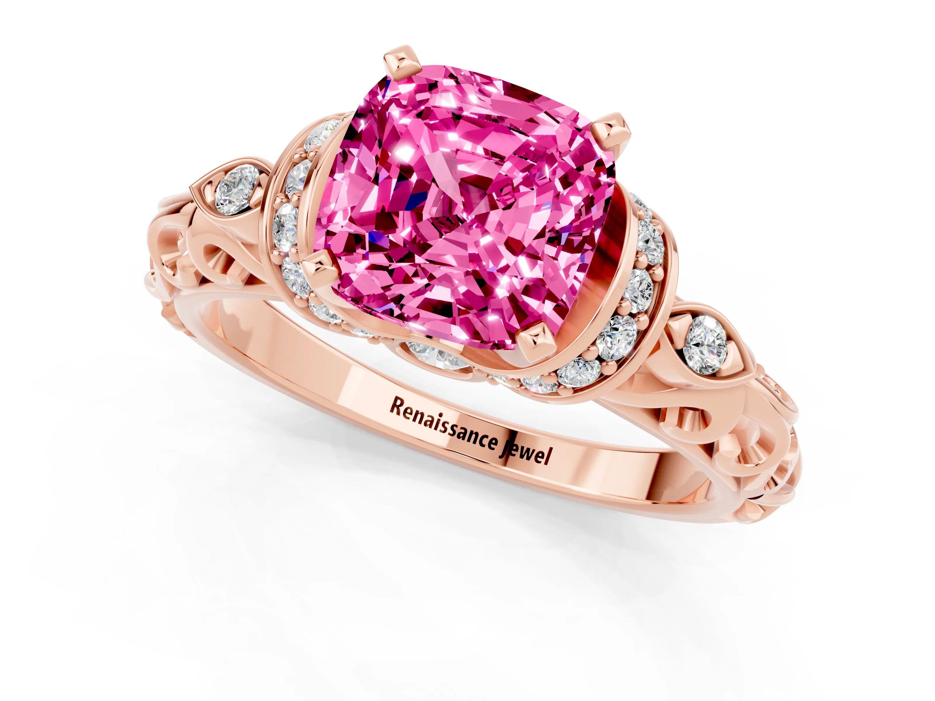Rose gold Cushion Cut Pink Sapphire Solitaire Ring with Filigree Band and Four-Prong Setting_49