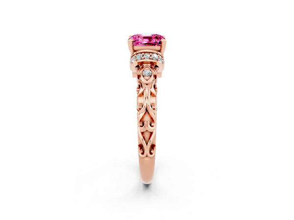 Rose gold Cushion Cut Pink Sapphire Solitaire Ring with Filigree Band and Four-Prong Setting