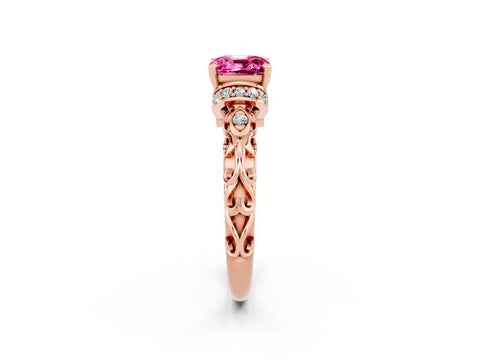 Rose gold Cushion Cut Pink Sapphire Solitaire Ring with Filigree Band and Four-Prong Setting_50